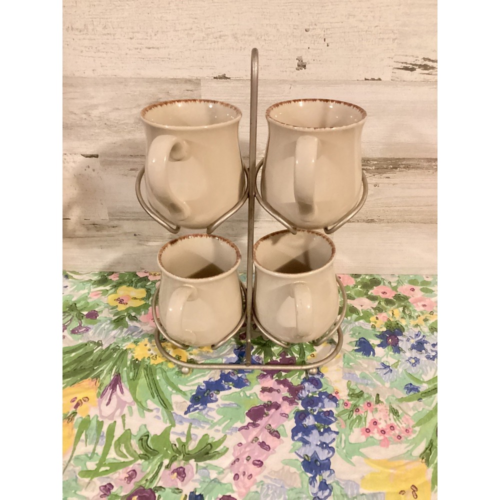 EUC Fireside Ivory Stoneware Large Mugs With Metal Stand Oversized Soup Bowl